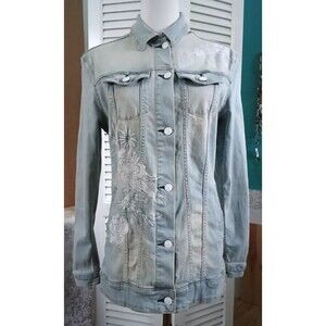 LuLaRoe Denim Jeans Jacket Women's Size SMALL Floral Embroidered Light Wash Cute